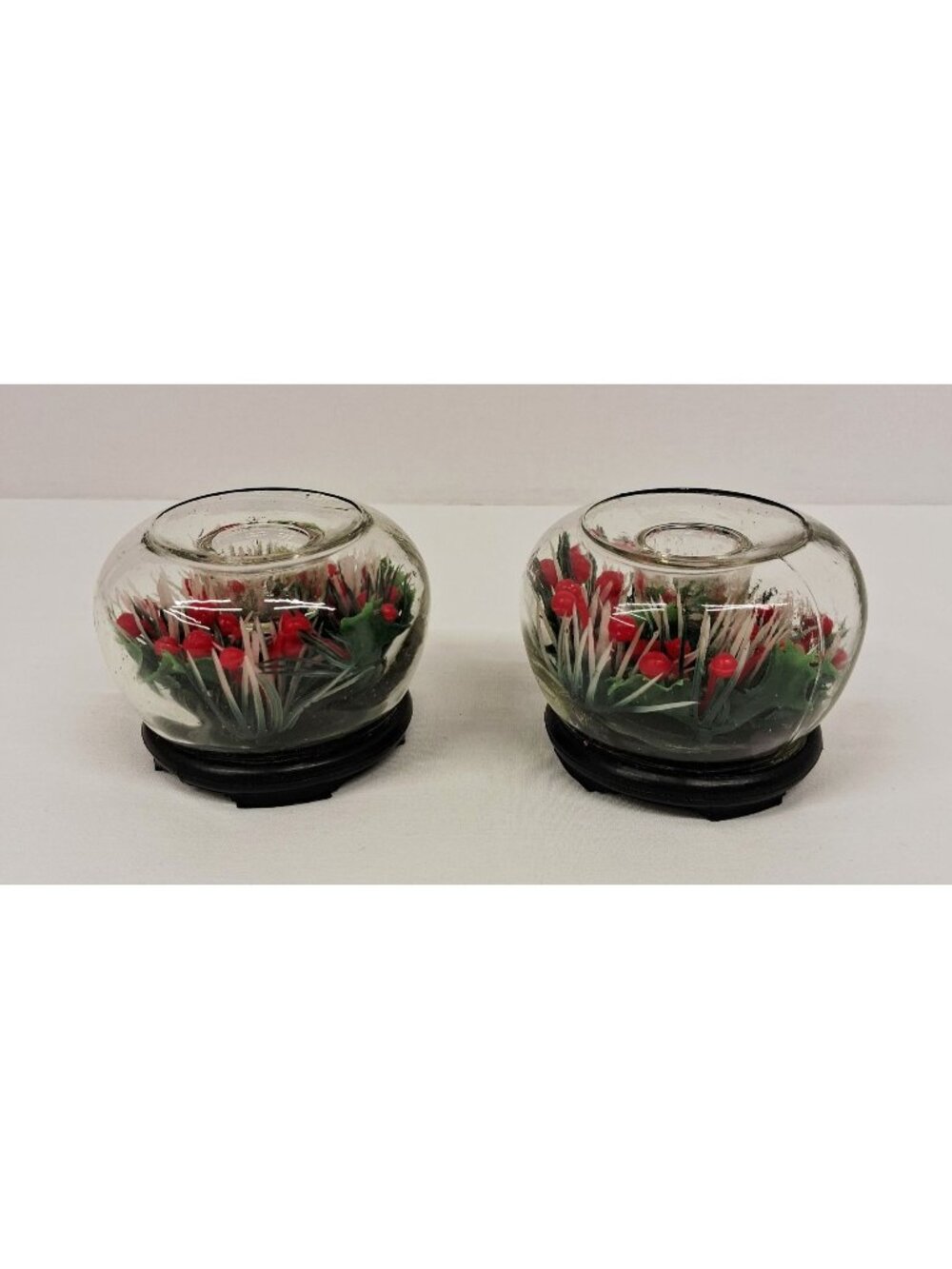 Vtg MCM Retro Glass Taper Candle Holder Set Red & Green Floral Design Hong Kong